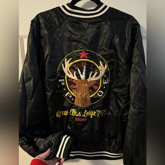 80’s Satin Bomber Jacket Kenai Elks Lodge Alaska XL Vintage Hartwell Made in USA